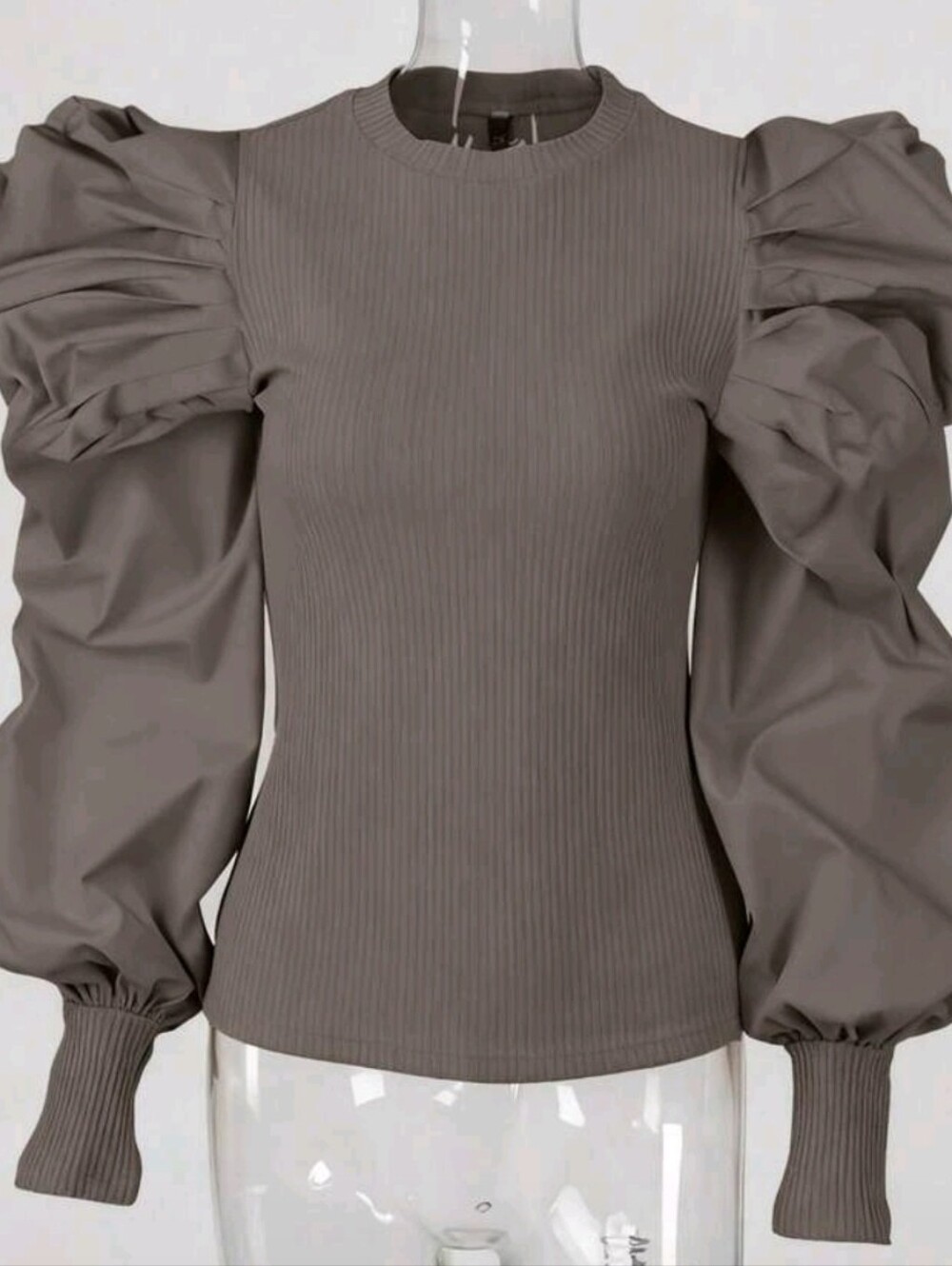 Beige Puff-Sleeve Ribbed Knit Sweatshirt